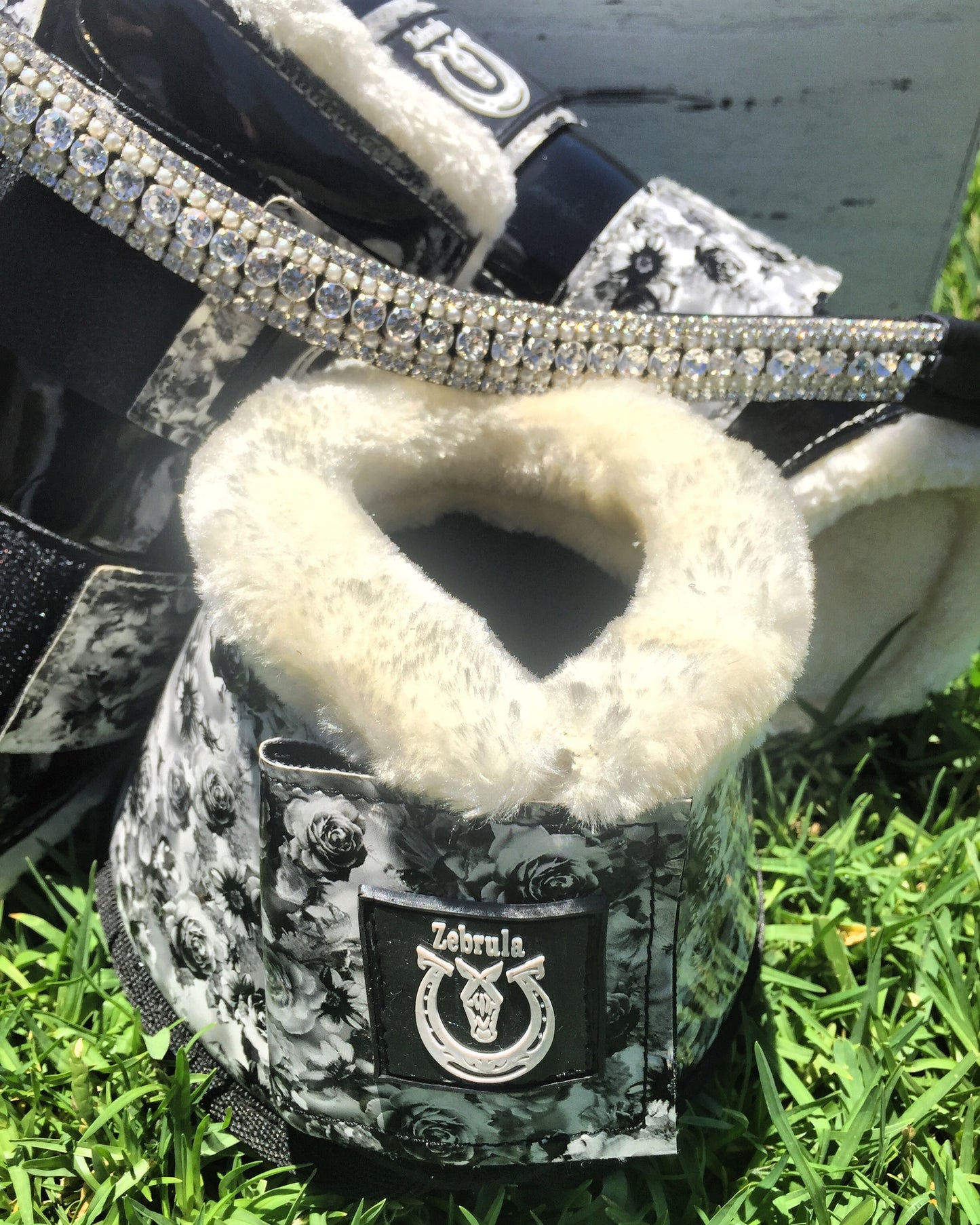 Black and white floral bell boots