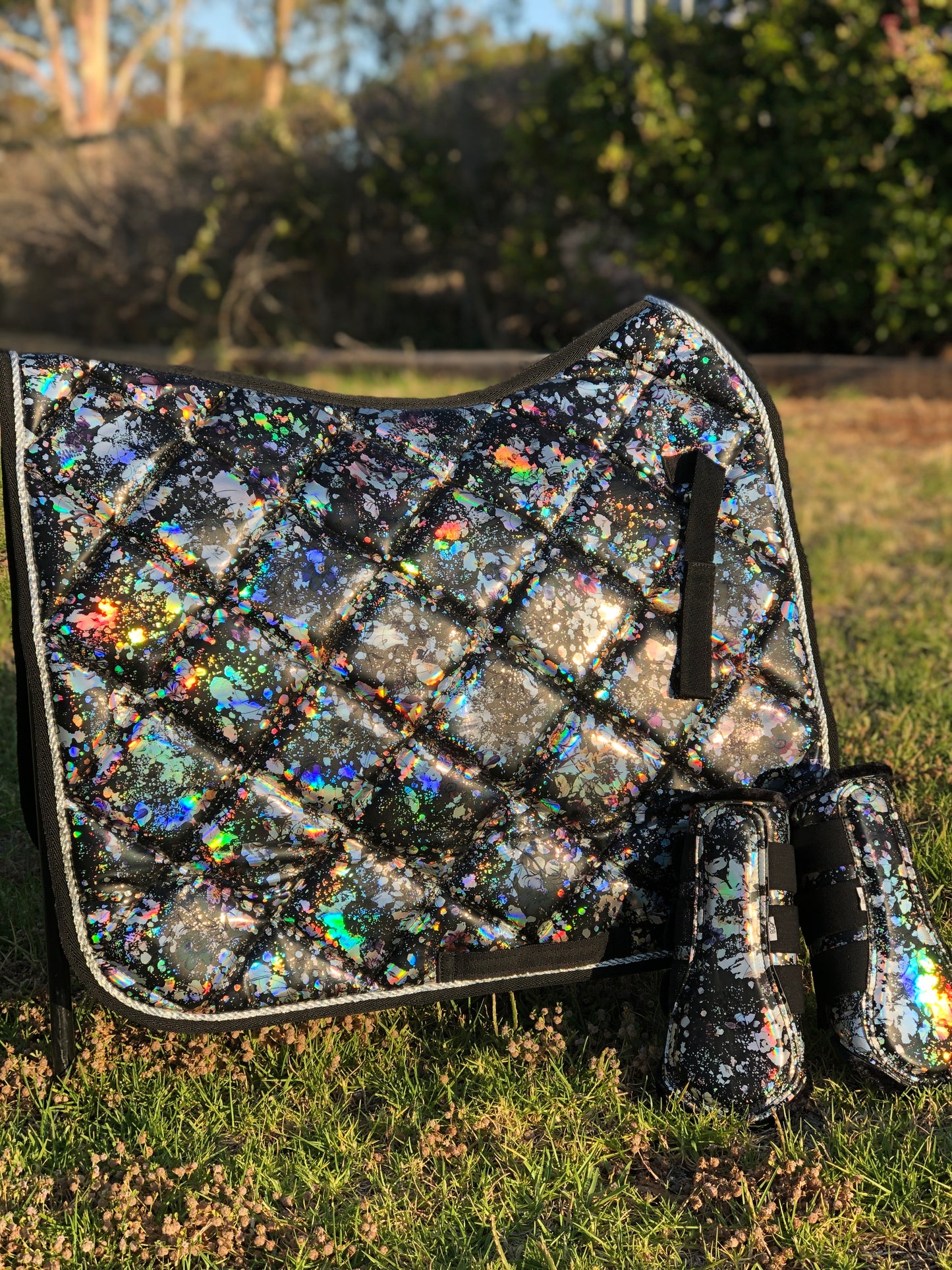 Black holographic flake boots