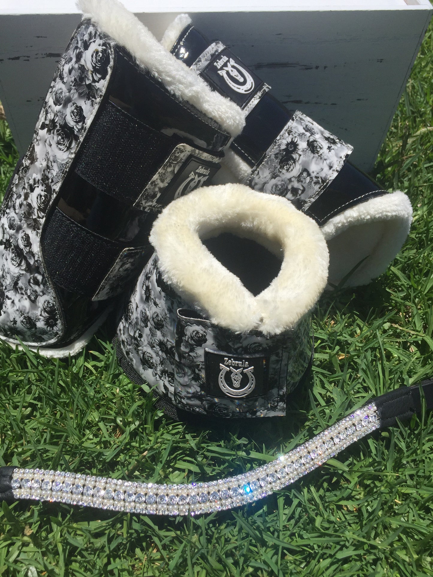 Black and white floral bell boots